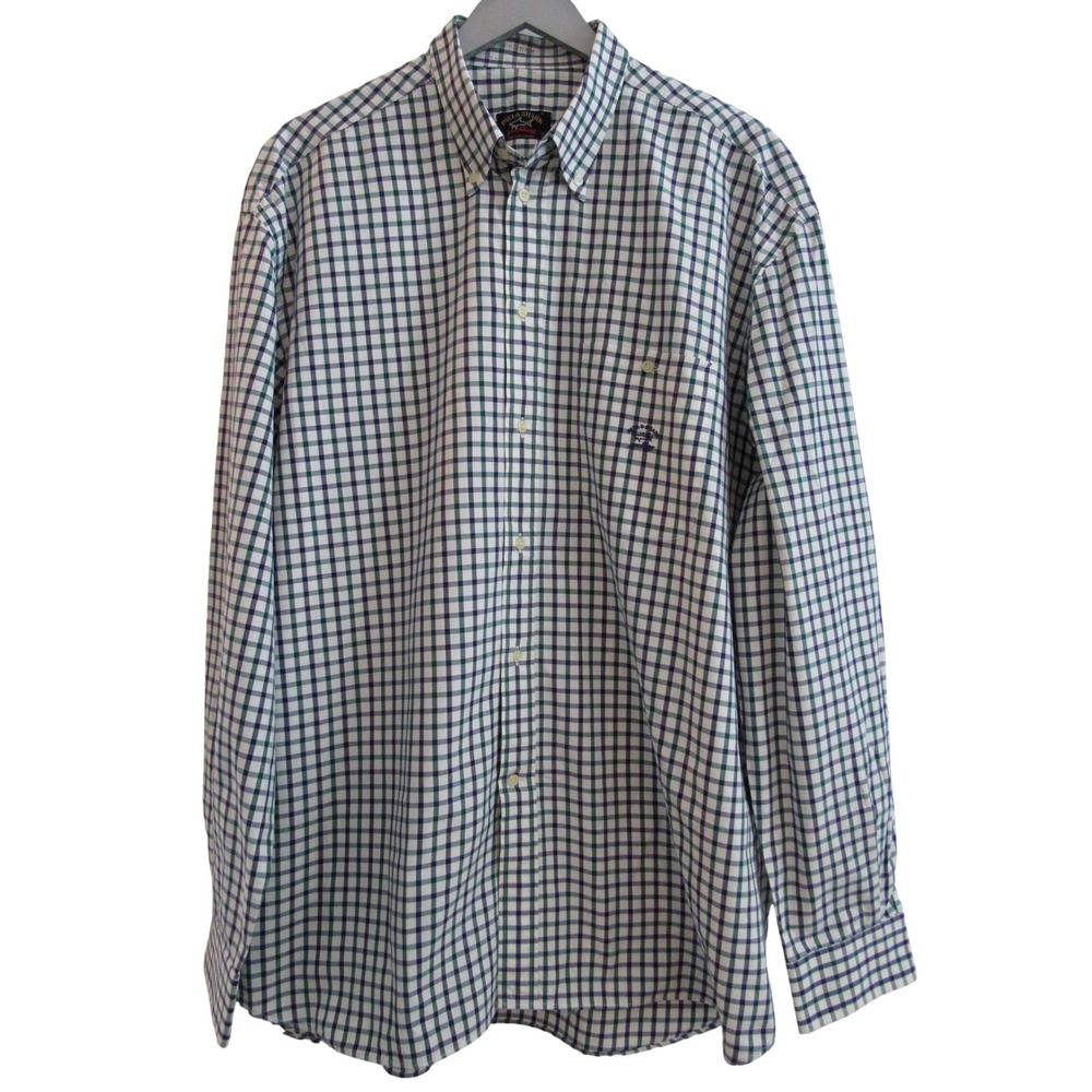 Paul & Shark Yachting Mens 45 Green Navy White Plaid Button Up Shirt Italy‎
